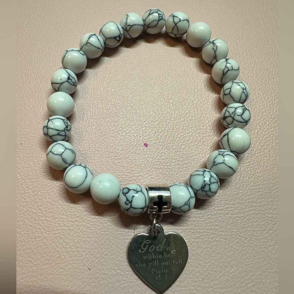 White turquoise beads God is within her bracelet